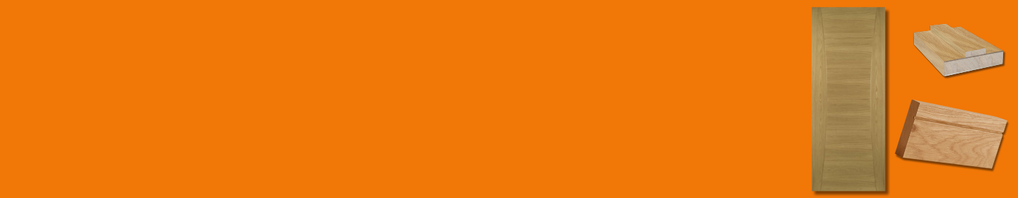 An elegant oak veneer internal door is showcased on a vivid orange background, flanked by a top view of a skirting board on the right and an angled view of an architrave set on the lower right, highlighting the complete door pack available for home interi