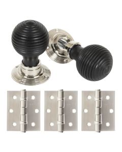 Ebonised Beehive Period Door Knob Nickel Rose And Hinge Package