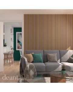 Acoustic Oak Wall Panelling backdrop against a sofa