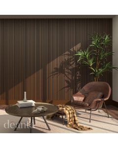 Acoustic Walnut Wall Panelling staged in a room with furniture