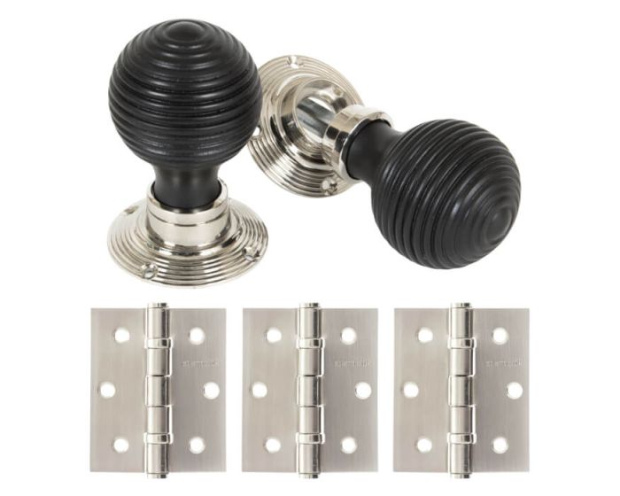 Ebonised Beehive Period Door Knob Nickel Rose - Value Pack
